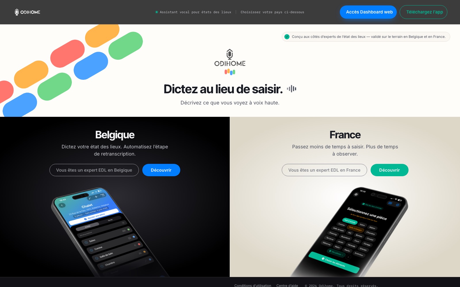 Sélecteur de marché Odihome avec un message distinct pour la Belgique et la France