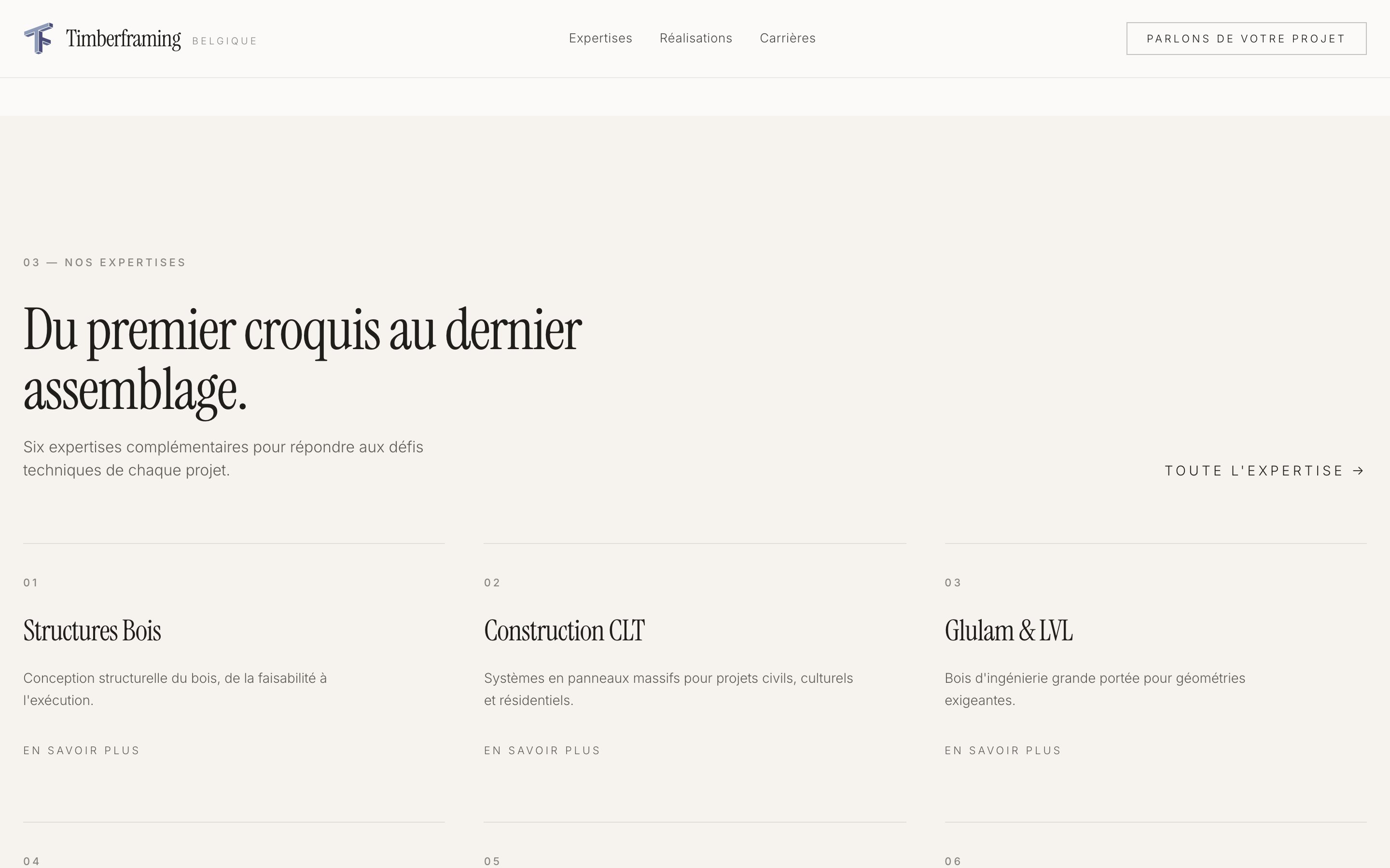 Section « Du premier croquis au dernier assemblage » présentant les expertises de Timberframing.